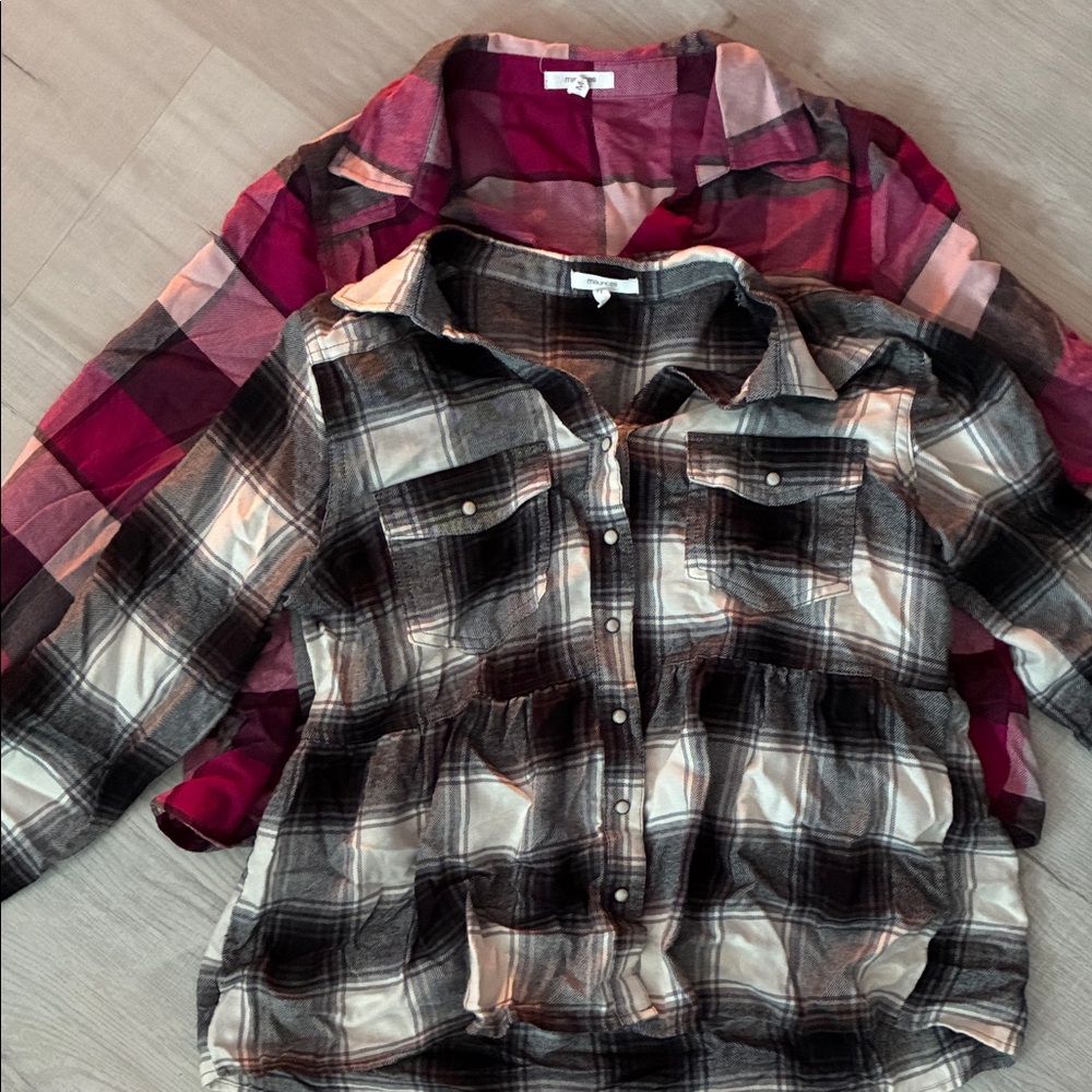 Set of 2 Maurices Womens Plaid Button Down Shirt -Black and White and Pink Block